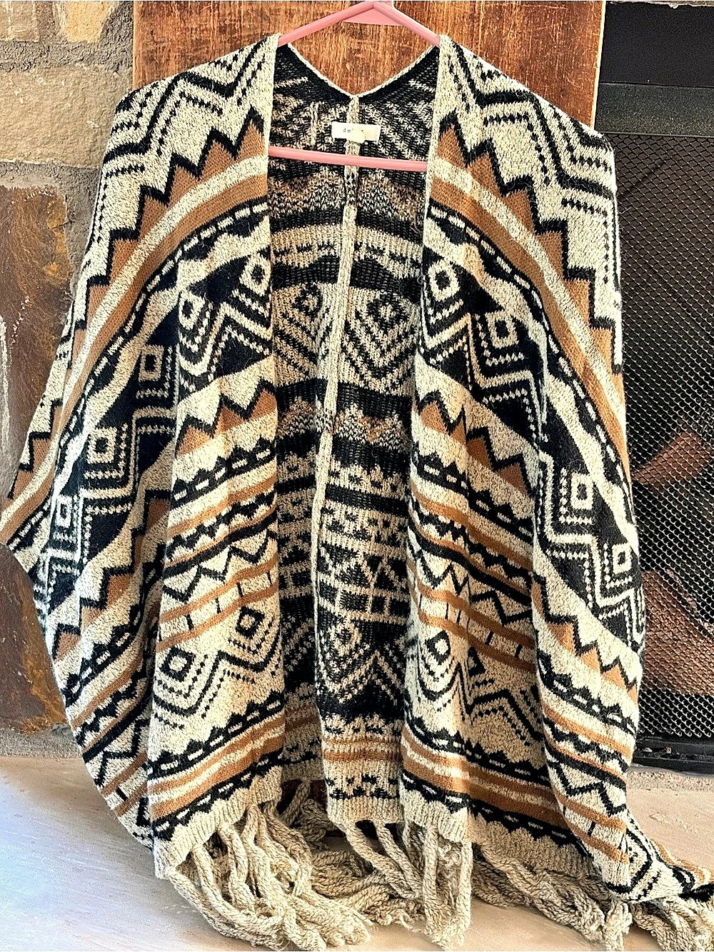Boho Southwestern Aztec Geometric Knit Cardigan Sweater with Fringe S/M